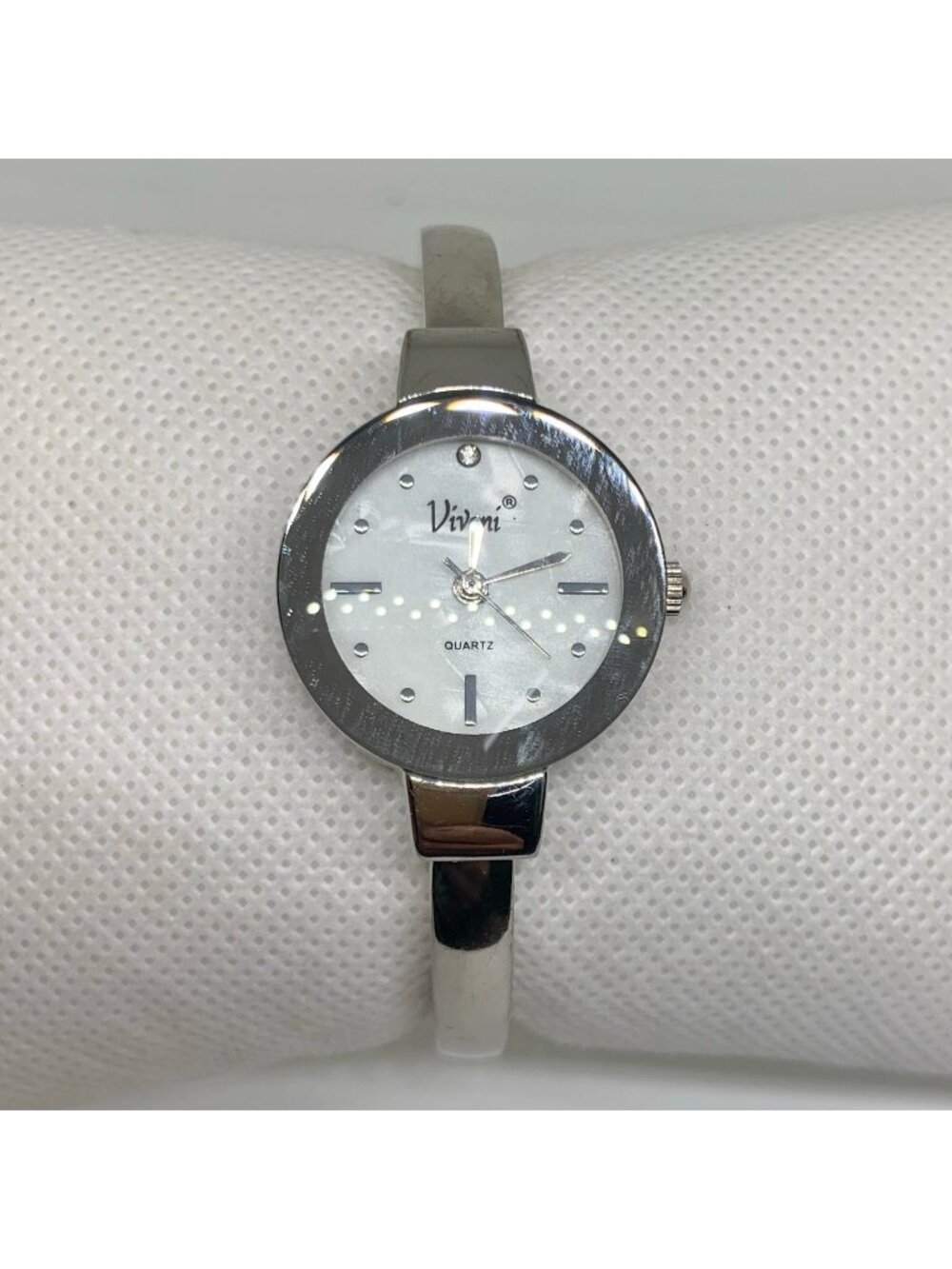 Vivani SilverTone women cuff bracelet watch quartz analog 24mm mop dial running